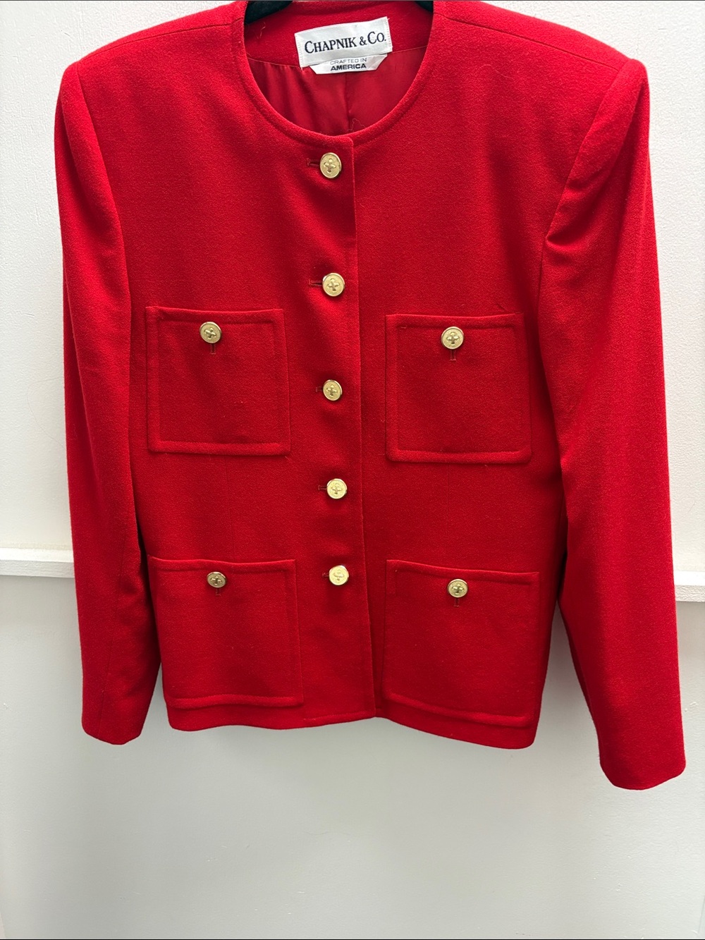 Women's Red Collarless Gold-Button Blazer